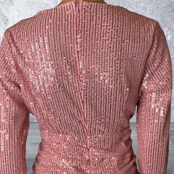 Sequin Ruched Mini Dress Small S Pink Lined Plunging Deep Neckline Long Sleeves - Picture 11 of 16